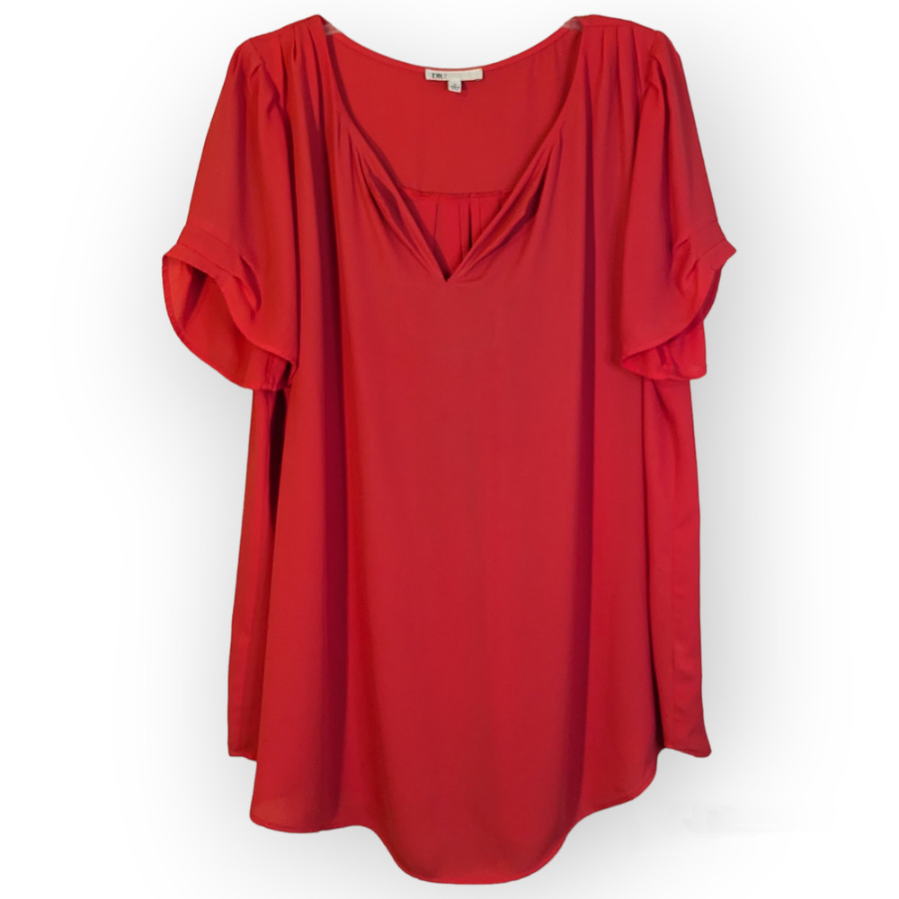 DR2 by Daniel Rainn Womens Coral Red Split Neck Short Sleeve Blouse Top 1X